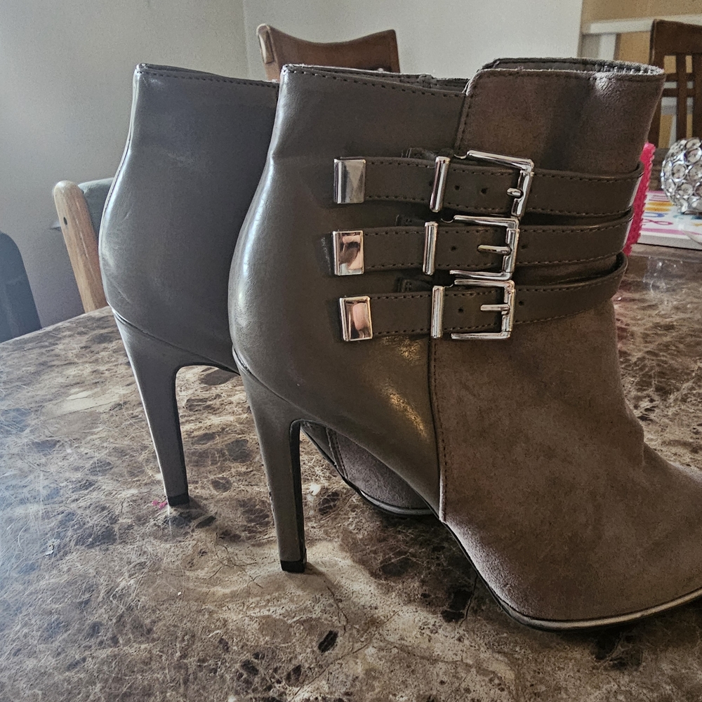 Sam & Libby Gray Heeled Boots with Buckle Accents